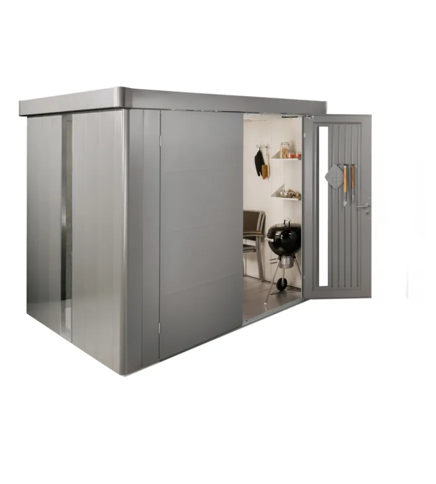 Casetta da giardino biohort "neo 2b" in acciaio zincato colore grigio quarzo metallizzato con porta battente doppio 236x236x222 cm - cod. 87063