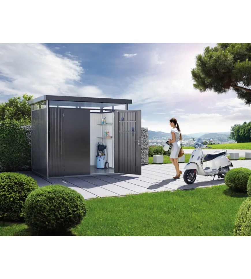 Casetta da giardino biohort "highline h2" in acciaio zincato colore grigio scuro metallizzato con porta battente semplice 275x195x222 cm - cod. 84030