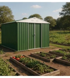 Casetta da giardino domus "xl new" in metallo verde con porte scorrevoli 267x300x194 cm