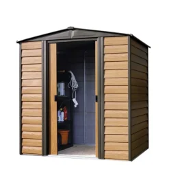 Casetta da giardino habrita "arrow woodridge" in acciaio zincato effetto legno 193,7x151,1x201 cm