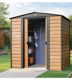 Casetta da giardino habrita "arrow woodridge" in acciaio zincato effetto legno 193,7x151,1x201 cm