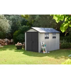 Casetta da giardino keter "oakland 7511" in duotech colore grigio con porta battente doppia 230x350x242 cm