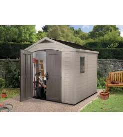 Casetta da giardino keter "factor 8x8" in resina colore beige con porta battente doppia 256,5x255x243 cm