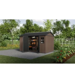 Casetta da giardino keter "newton+ 7513/1375" in resina marrone doppia opzione montaggio 413x230x246 cm