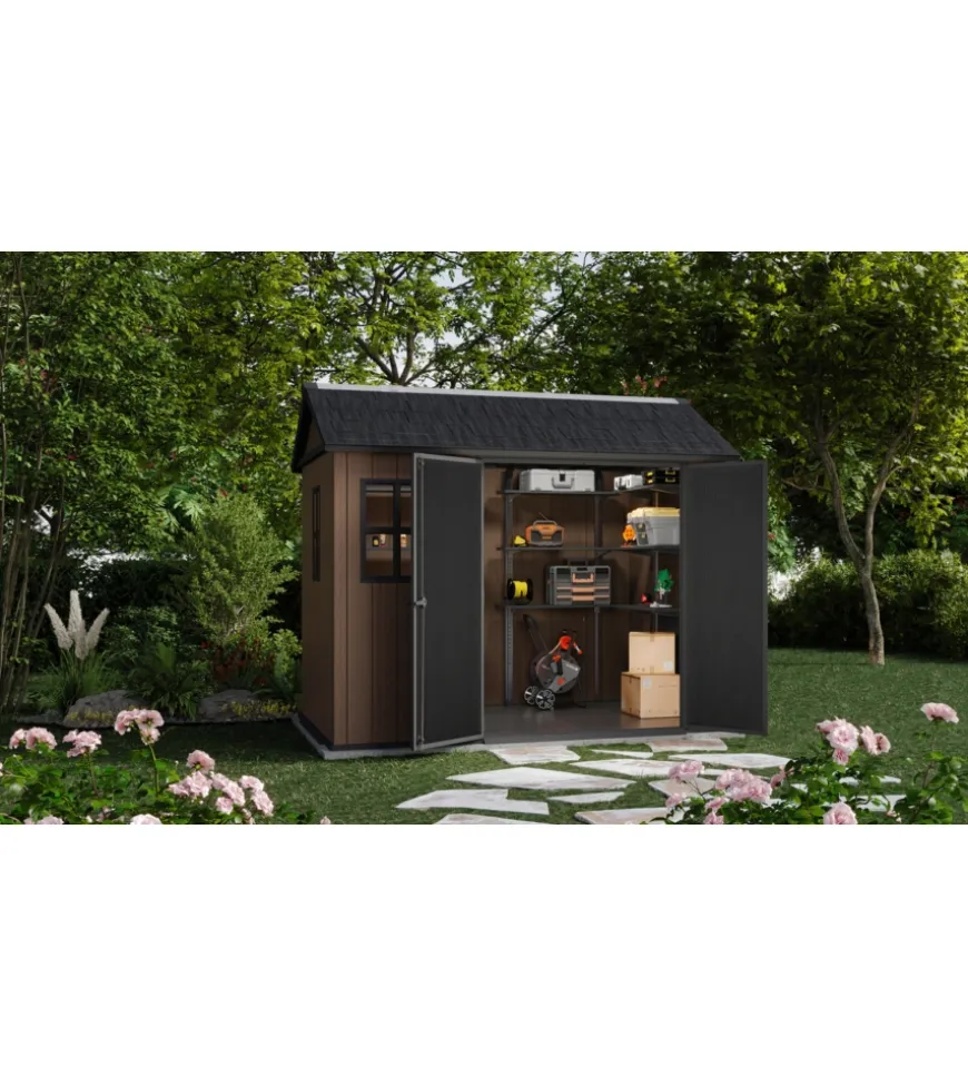 Casetta da giardino keter "newton+ 759/975" in resina marrone doppia opzione montaggio 287x230x246 cm