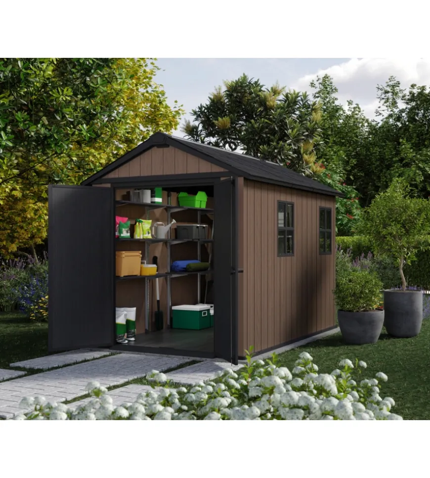 Casetta da giardino keter "newton+ 759/975" in resina marrone doppia opzione montaggio 287x230x246 cm