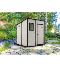 Casetta da giardino keter "manor pent 6x6" in resina colore beige con porta battente singola 183,5x185x200 cm
