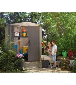 Casetta da giardino keter "factor 6x6" in resina colore beige con porta battente doppia 178x195,5x208 cm