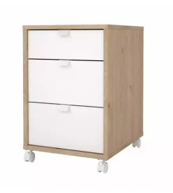 Cassettiera 3 cassetti con ruote in truciolare melaminimo colore quercia e bianco, 40,8x48,2x60,8 cm
