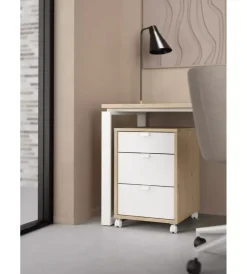Cassettiera 3 cassetti con ruote in truciolare melaminimo colore quercia e bianco, 40,8x48,2x60,8 cm