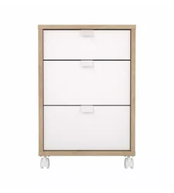 Cassettiera 3 cassetti con ruote in truciolare melaminimo colore quercia e bianco, 40,8x48,2x60,8 cm