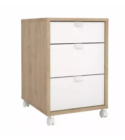 Cassettiera 3 cassetti con ruote in truciolare melaminimo colore quercia e bianco, 40,8x48,2x60,8 cm