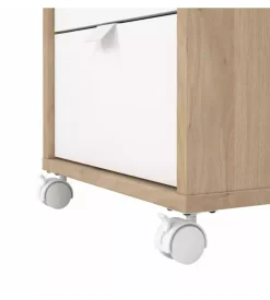 Cassettiera 3 cassetti con ruote in truciolare melaminimo colore quercia e bianco, 40,8x48,2x60,8 cm