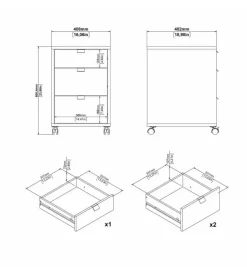 Cassettiera 3 cassetti con ruote in truciolare melaminimo colore quercia e bianco, 40,8x48,2x60,8 cm