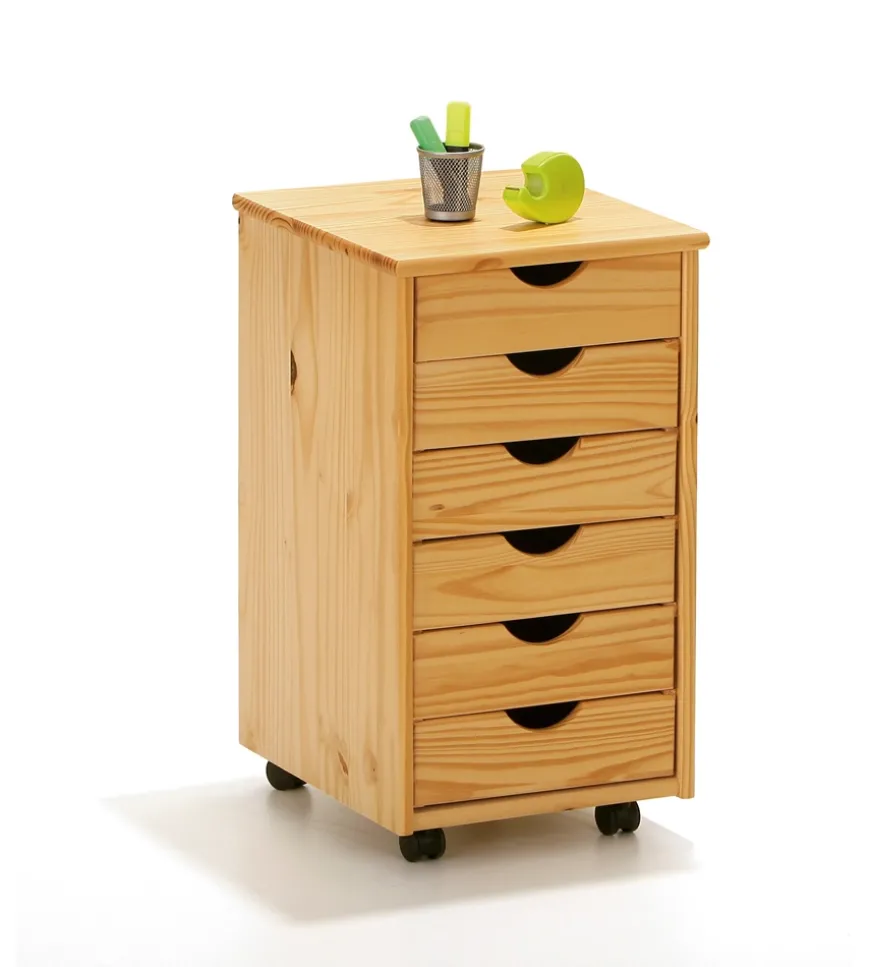 Cassettiera 6 cassetti in pino massello e ruote 35x40x65 cm