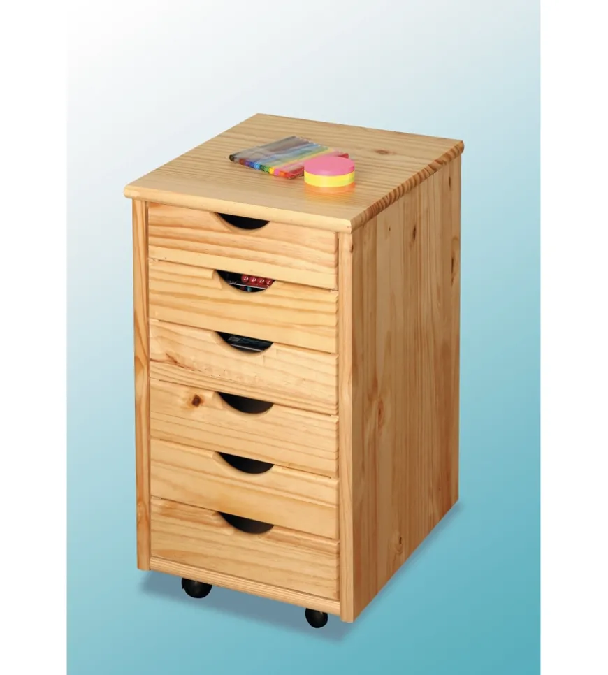 Cassettiera 6 cassetti in pino massello e ruote 35x40x65 cm