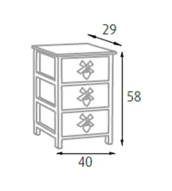 Cassettiera armonia "white washed" 3 cassetti cuore e fiocchi in legno di paulownia 40x29x58 cm