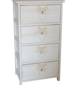 Cassettiera armonia "white washed" 4 cassetti cuore e fiocchi in legno di paulownia 40x29x73 cm