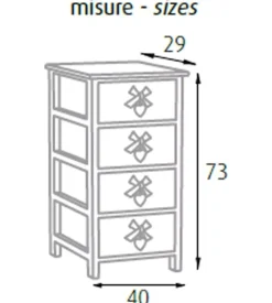 Cassettiera armonia "white washed" 4 cassetti cuore e fiocchi in legno di paulownia 40x29x73 cm