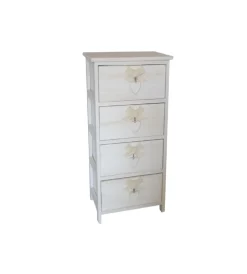 Cassettiera armonia "white washed" 4 cassetti cuore e fiocchi in legno di paulownia 26x32x63 cm