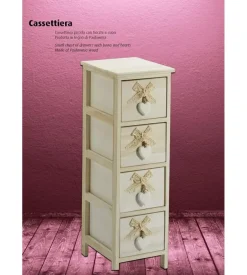 Cassettiera armonia "white washed" 4 cassetti cuore e fiocchi in legno di paulownia 26x32x63 cm