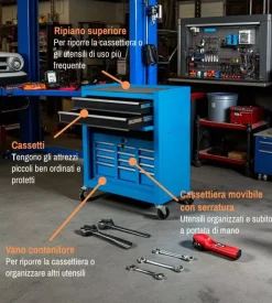 Cassettiera porta attrezzi easy system in metallo con ruote e cassettiera movibile 61,6x33x108,2 cm