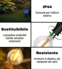 Catena solare da esterno eurogarden con 10 lampadine led a luce calda, luminosita' regolabile, 8 modalita' 5w 7 mt