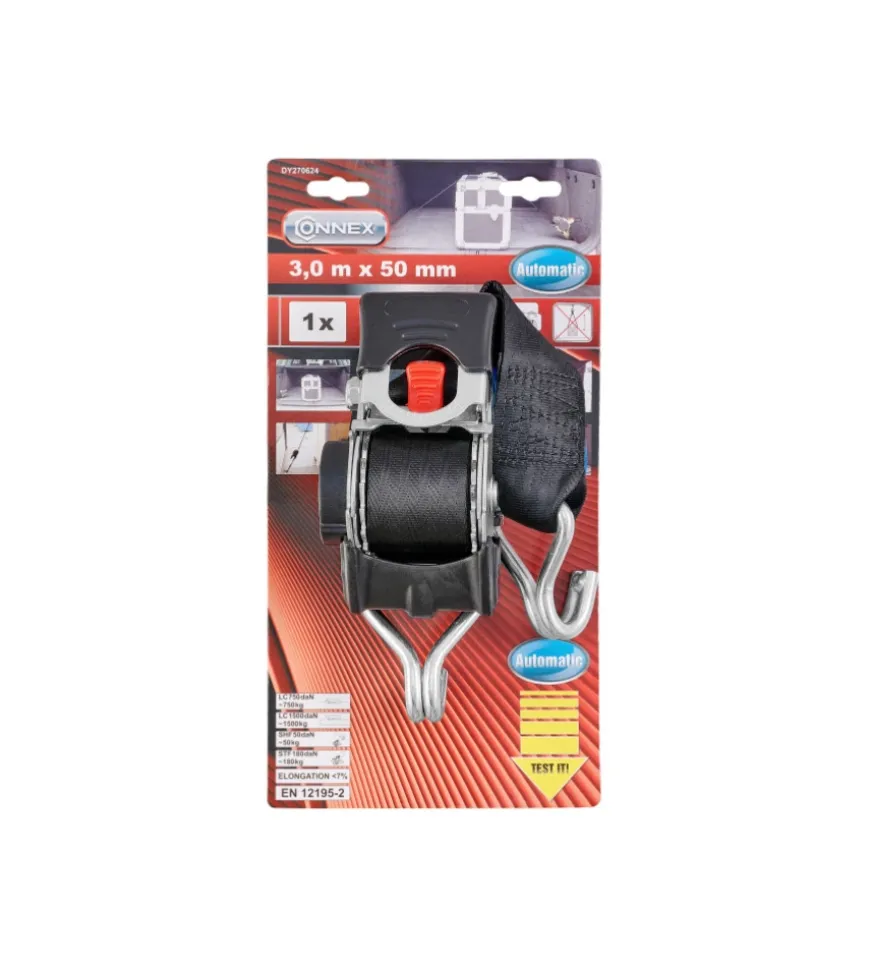 Cinghia di ancoraggio 1500 kg. 50 mm. x 3 mt. con tenditore automatico a cricchetto