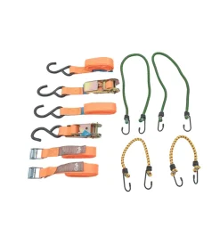 Cinghia di ancoraggio in kit 8 pz. con tenditori e cavo elastico in confezione riutilizzabile