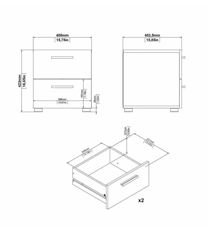 Comodino 2 cassetti "pepe" bianco 40x40,2x42,3 cm