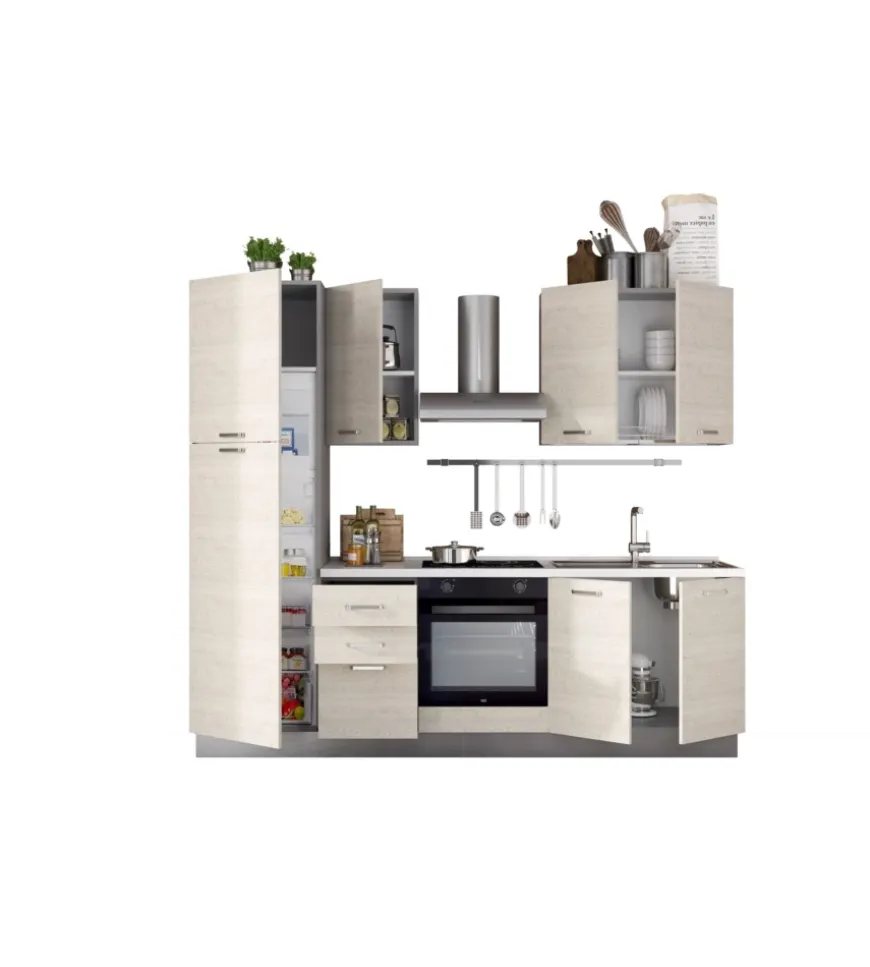 Composizione cucina completa ares con lavello a destra e piano cottura ad induzione, 255x60x216 cm