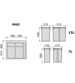 Contenitori per raccolta differenziata 12l+7l+7l modulo 60 cm, emuca