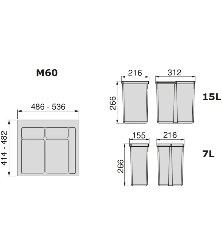 Contenitori per raccolta differenziata 12l+7l+7l modulo 60 cm, emuca
