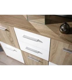 Credenza buffet 2 cassetti e 5 ante rovere e bianco, 115x30x77 cm