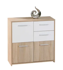 Credenza buffet 2 cassetti e 3 ante rovere e bianco, 77x30x77 cm