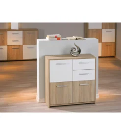 Credenza buffet 2 cassetti e 3 ante rovere e bianco, 77x30x77 cm