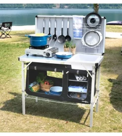 Cucina da campeggio pieghevole con lavello brunner "drive in black" in acciaio e poliestere nero 2 scomparti 100x50x78/128,5 cm