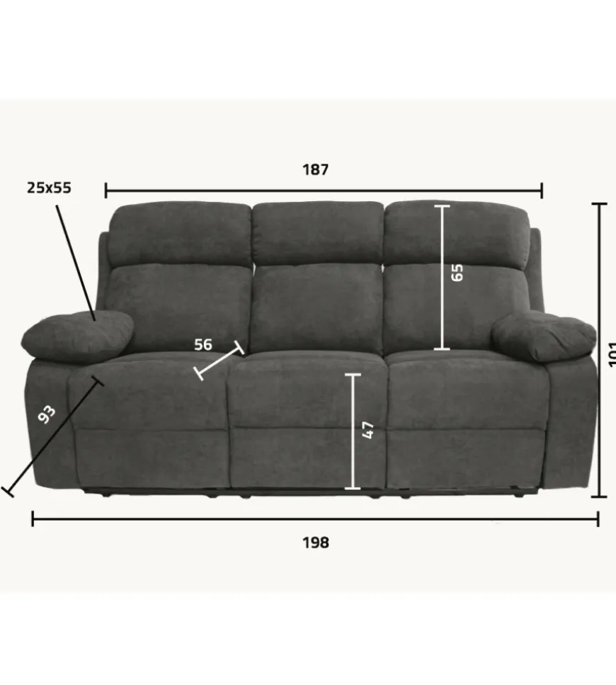 Divano 3 posti bellahome "annika" con recliner manuale in tessuto blu, 198x93x101 cm