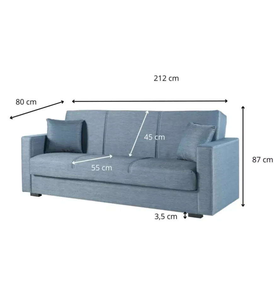 Divano letto "afrodite" 3 posti in tessuto grigio-blu 212x80x87 cm