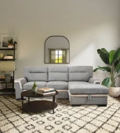 Divano letto angolare "erika" in tessuto grigio con penisola a destra, 254x92/165x102 cm