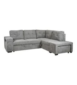 Divano letto con penisola a destra bellahome "gaia" tessuto grigio con pouf e contenitori, 254x83/194x88 cm