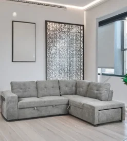 Divano letto con penisola a destra bellahome "gaia" tessuto grigio con pouf e contenitori, 254x83/194x88 cm