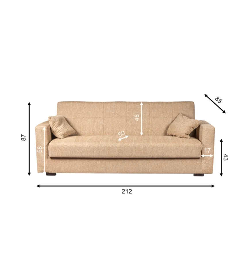 Divano letto "nora" 3 posti tessuto beige, 212x80x87 cm