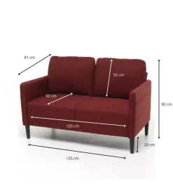 Divano "poker" 2 posti tessuto rosso, 135x81x90 cm