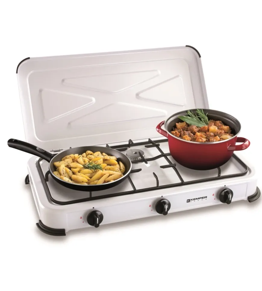 Fornello a gas kemper per bombola gpl con 3 fuochi e coperchio smaltato