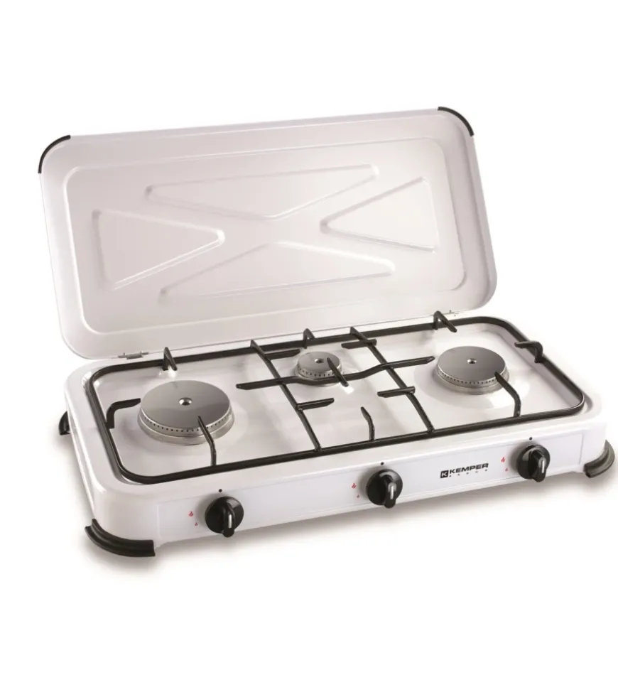 Fornello a gas kemper per bombola gpl con 3 fuochi e coperchio smaltato