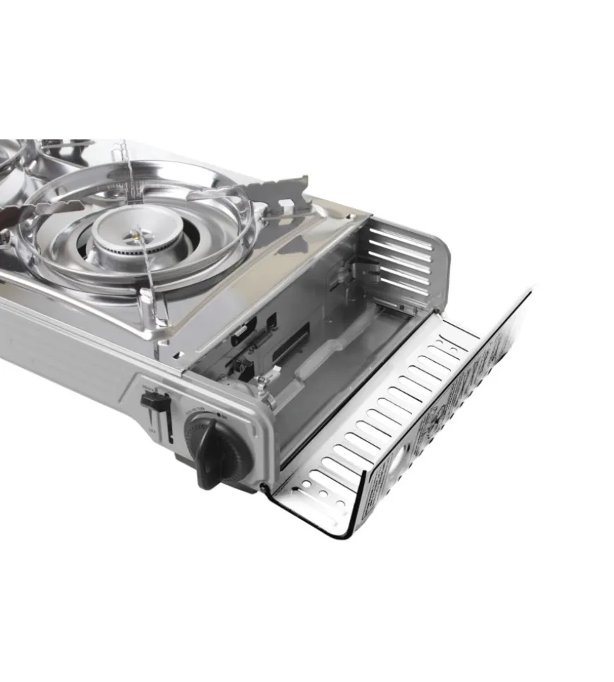 Fornello da campeggio a gas brunner "devil double grill" in alluminio 2 fuochi e piastra grill 67,9x28,6x12,5 cm