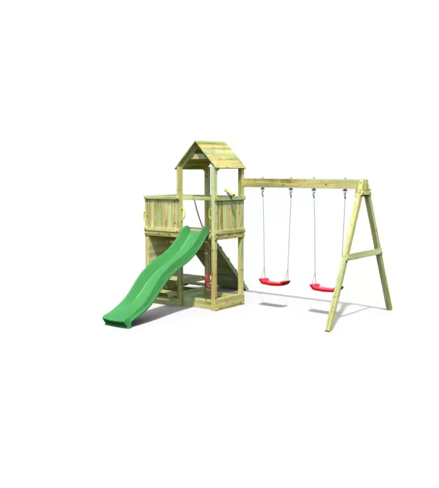 Gioco per bambini da esterno in legno fungoo "floppi torretta" con torretta scivolo e altalena doppia, 379x396x277 cm