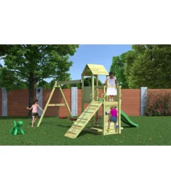 Gioco per bambini da esterno in legno fungoo "floppi torretta" con torretta scivolo e altalena doppia, 379x396x277 cm