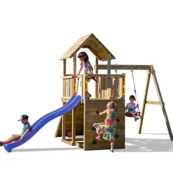 Gioco per bambini da esterno in legno fungoo "carol 3" con torretta, altalena, scivolo, parete da arrrampicata e rampa con corda 310x460x282 cm
